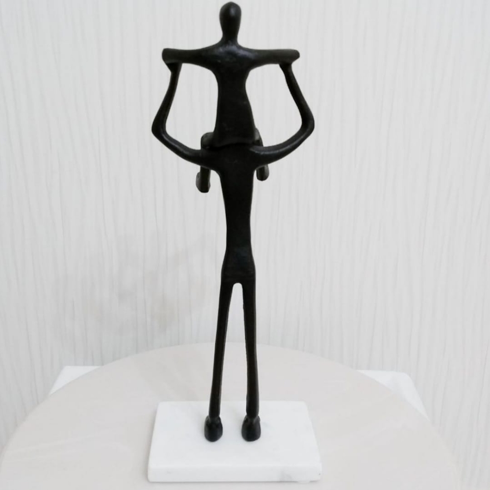 Handcrafted Father and Child on Shoulders Metal Sculpture Figurine on MarbleBase - Picture 3 of 6